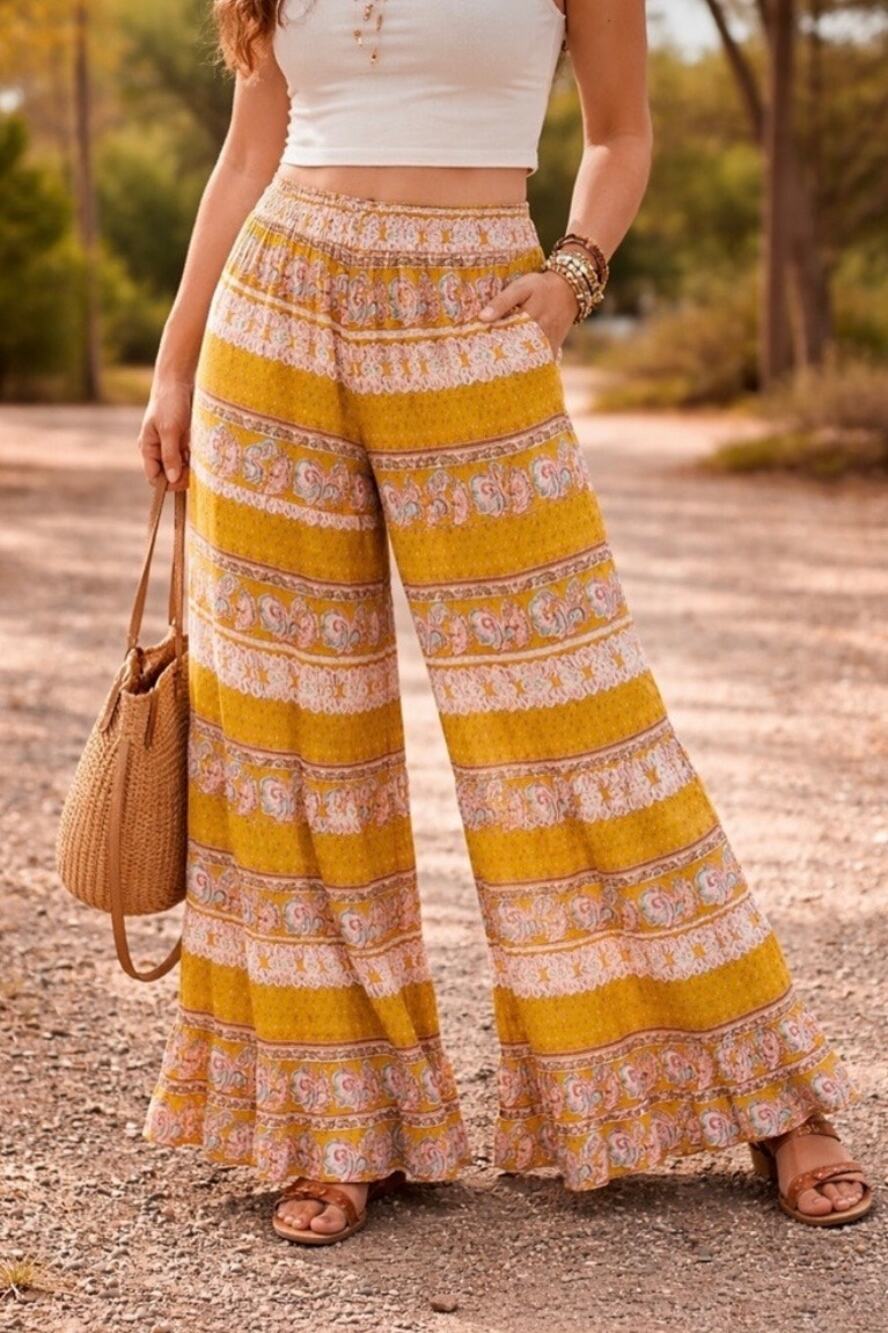 Natural Life Patti Palazzo Wide-Leg Boho Pull On Flowy Artsy Tiered Pants Small